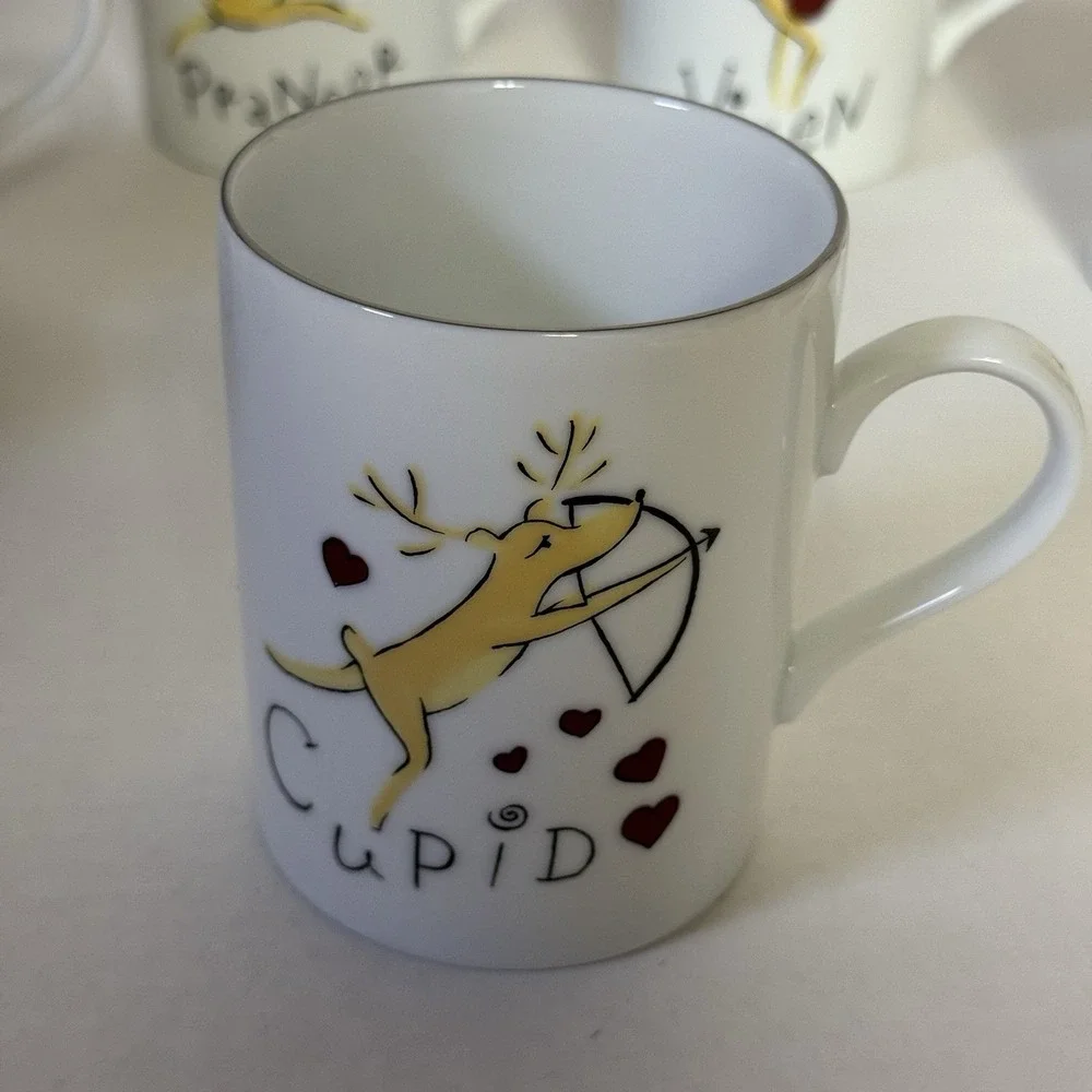 Pottery Barn Reindeer Mug Set of 8 Christmas White Silver Rim Made in Japan